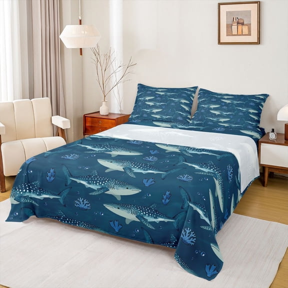 Feelyou Cute Shark Kids Full Size Sheets, Ocean Croal Sealife Bed Sheets, 4 Pieces