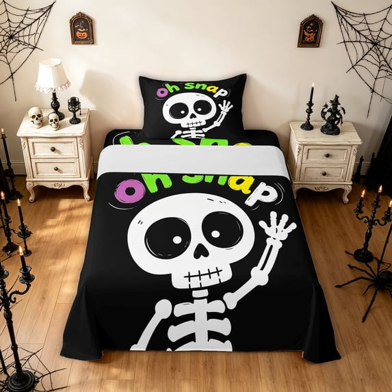 Feelyou Cute Skeleton Twin Sheets, Spooky Oh Snap Letter Bedding, Black, 3pcs, 1 Flat Sheet, 1 Fitted Sheet and 1 Pillowcase