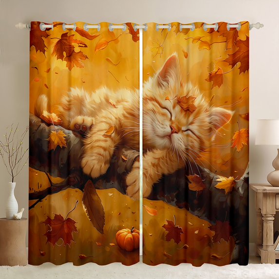 Feelyou Cute Sleeping Cat Black Out Curtains, Kawaii Cartoon Animal Curtains Pack of 2 (42x63 Each), Orange Fall Pumpkin Bedroom Curtains, Curtains and Drapes Decor
