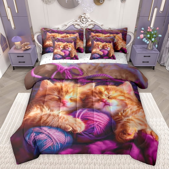 Feelyou Cute Sleeping Kitten Bedding Comforter Set 7pcs, Kawaii Cat King Bedding Sets, Cartoon Animal Theme Bed Sheets, Ultra Soft Bedroom Decor