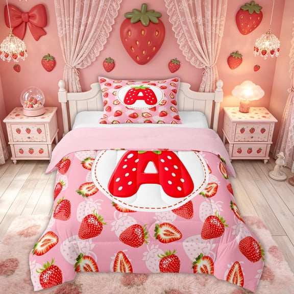 Feelyou Cute Strawberry Alphabet A Twin Comforter Sets for Girls, Pink Red Fruit Monogram 02, Pink Reversible, 2 Pieces, 1 Comforter and 1 Pillowcase