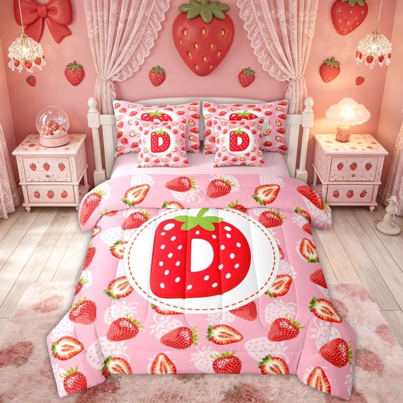 Feelyou Cute Strawberry Letter D Twin Bedding for Girls, Sweet Fruit Print Bedding Comforter Set, Pink Red, Pink Reversible, 7 Pieces