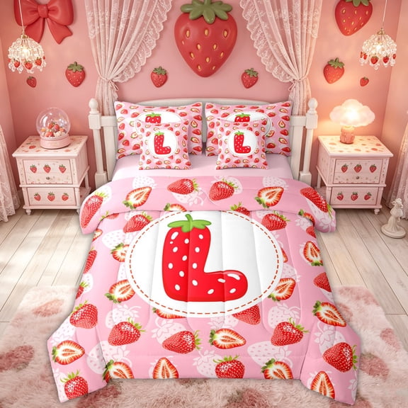 Feelyou Cute Strawberry Letter L Twin Bedding for Girls, Sweet Fruit Print Bedding Comforter Set, Pink Red, Pink Reversible, 7pcs