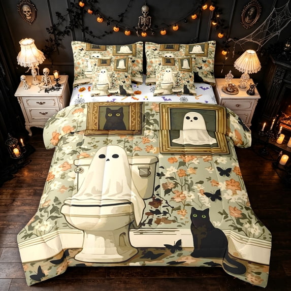 Feelyou Cute Toilet Ghost Twin Bedding, Boho Floral Black Cat Bedding Comforter Set, Sage Green, Halloween Reversible, 7pcs