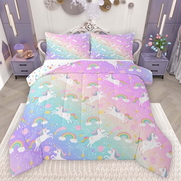 Feelyou Cute Unicorn Kids Queen Comforter Set, Mystic Astrology Planet Bedding Sets, Dreamy Rainbow Printed Reversible Bedding Comforter Set, Breathable Home Decor, 3-Piece