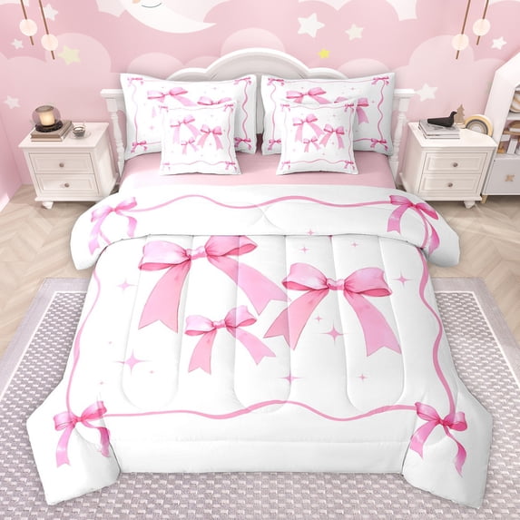 Feelyou Cute Watercolor Bow Bedding Comforter Set 7pcs for Child, Kawaii Bowknot Stars Pink Queen Bedding Sets, Dreamy Princess Ribbon Reversible Queen Sheet Sets, Lightweight Room Decor