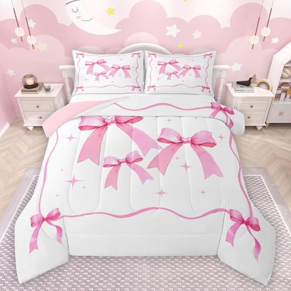 Feelyou Cute Watercolor Bow Bedding Comforter Set for Child, Kawaii Bowknot Stars Pink Twin Comforter Sets, Dreamy Princess Ribbon Reversible Bedding Set, Lightweight Room Decor, 2-Piece