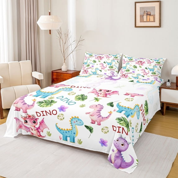 Feelyou Cute Watercolor Dino Queen Sheet Sets for Kids, Jungle Egg Wildlife Bed Set, White Pink, 4pcs