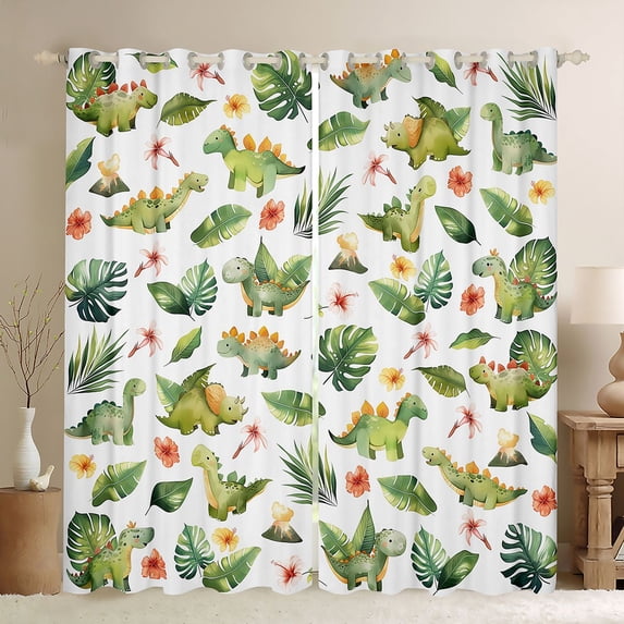 Feelyou Cute Watercolor Dinosaur Blackout Curtains Set of 2 (52x84 Each) for Boys Girls, Tropical Floral Leaf Window Curtains, Green White