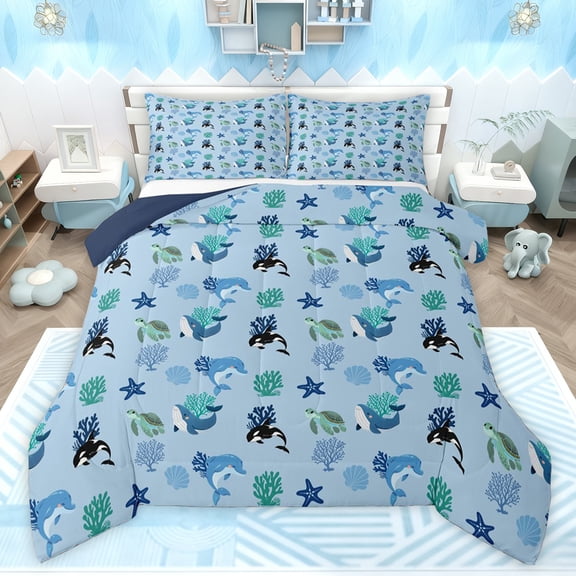 Feelyou Cute Whale Dolphin Twin Comforter Sets, Seashell Starfish Bedding Set, 2-Piece