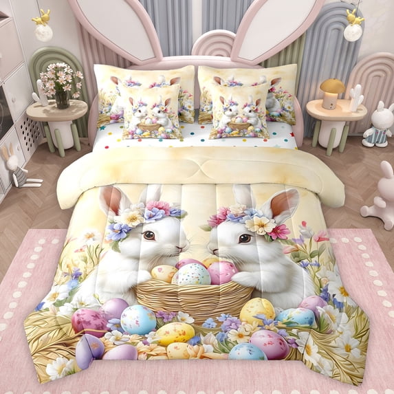 Feelyou Cute White Bunnies Bedding Comforter Set 7pcs for Teen, Kawaii Easter Egg Queen Bedding Sets, Happy Spring Festival Reversible Queen Sheet Sets, Lightweight Room Decor