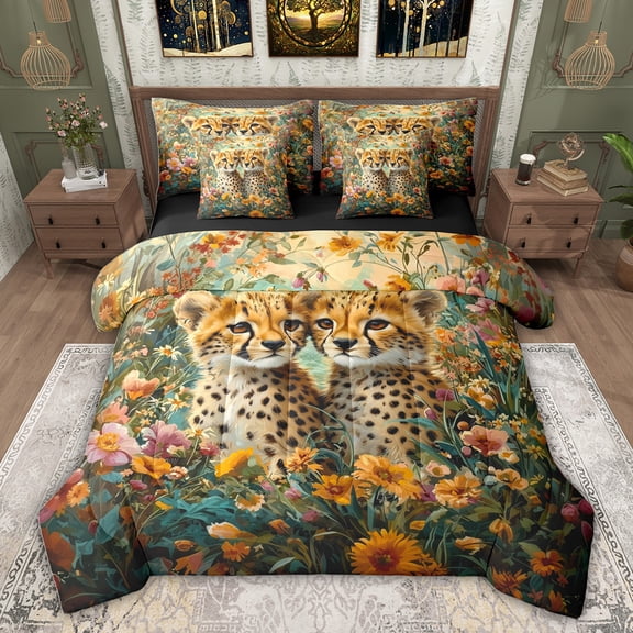 Feelyou Cute Wildlife Cheetah Bedding Comforter Set 7pcs for Teens, Woodland Animal Leopard King Bedding Sets, Groovy Flower Floral Reversible Bed Sheets, Luxury Bedroom Decor