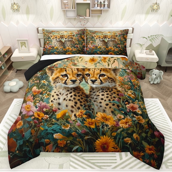Feelyou Cute Wildlife Cheetah Full Size Comforter Sets for Teens, Woodland Animal Leopard Bedding Comforter Set, Groovy Flower Floral Reversible Bedding Sets, Luxury Bedroom Decor, 3 Pieces