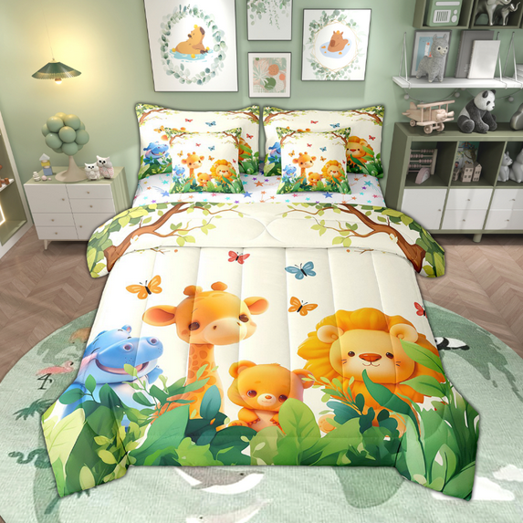 Feelyou Cute Woodland Animal Bedding Comforter Set 7 Pieces for Children, Lion Bear Queen Bedding Sets, Hippo Giraffe Queen Sheet Sets, Boys Girls Green Tree Bedroom Decor