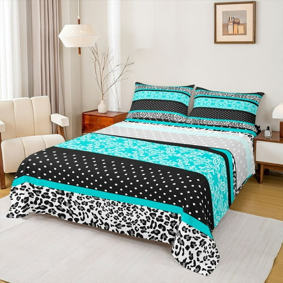 Feelyou Cyan Damask Floral Bed Sheets, Leopard Cheetah Print King Sheets, Fashion Cycle Polkadots Sheet Set, Super Cozy Room Decor, 4pcs