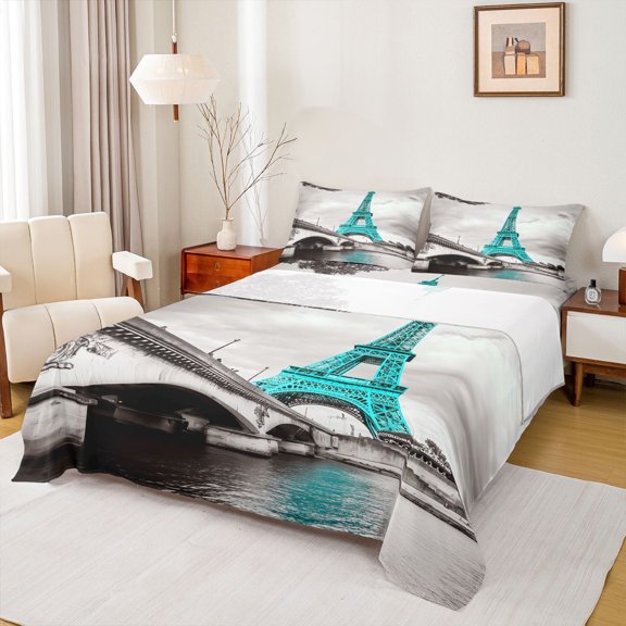 Feelyou Cyan Eiffel Tower Twin Sheet Sets, Romantic Paris Bedding, 3 Pieces