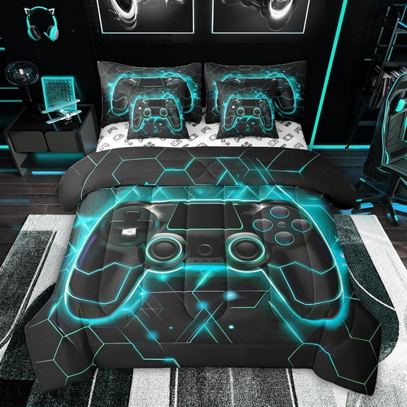 Feelyou Cyan Games Controller Twin Bedding Sets 7-Piece, Abstract Stripes Bedding Comforter Set, Teens Kids Boys Girls Reversible Sheet Sets, Microfiber Bedroom Decor