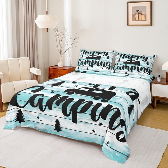 Feelyou Cyan Rustic Cabin Twin Sheet Sets for Kids, Abventure Explorer Twin Fitted Sheet, Happy Camping Theme Flat Sheet, Super Cozy Room Decor, 3 Pieces