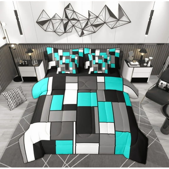 Feelyou Cyan Square Geometric Twin Bedding Sets 7-Piece, Vintage Artwork Abstract Bedding Comforter Set, Chic Rectangle Reversible Sheet Sets, Luxury Bedroom Decor