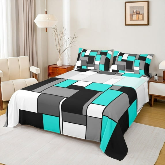 Feelyou Cyan Square Geometric Twin Sheet Sets, Vintage Artwork Abstract Twin Fitted Sheet, Chic Rectangle Flat Sheet, Luxury Bedroom Decor, 3pcs