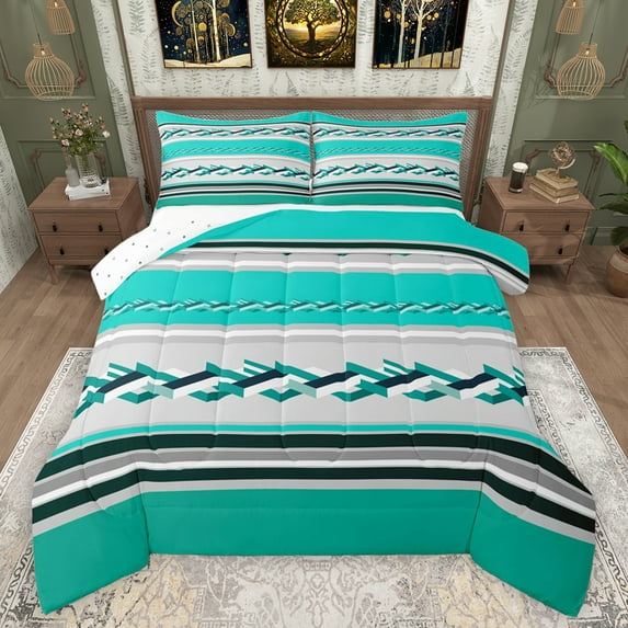 Feelyou Cyan Stripes Lines Queen Comforter Set, Vintage Square Triangle Bedding Sets, Chic Abstract Theme Reversible Bedding Comforter Set, Lightweight Room Decor, 3-Piece