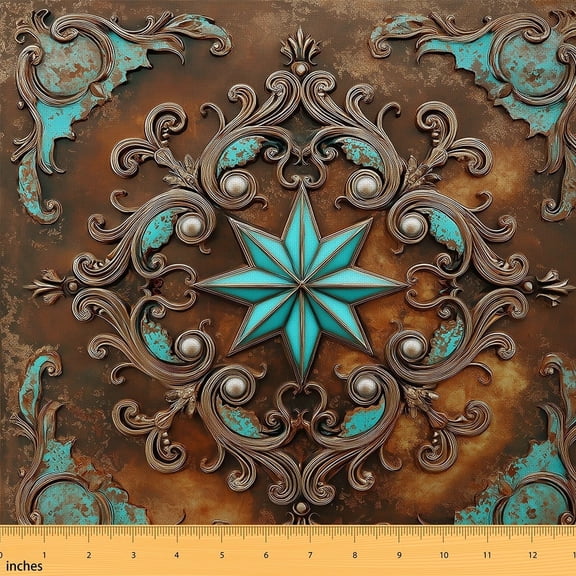 Feelyou Cyan Texas Stars Fabric by the Yard 5 Yards for Kids, Bohemian Damask Room Decor Fabric by the Yard, Western Farmhouse Fabric for Sewing, Lightweight Room Decor