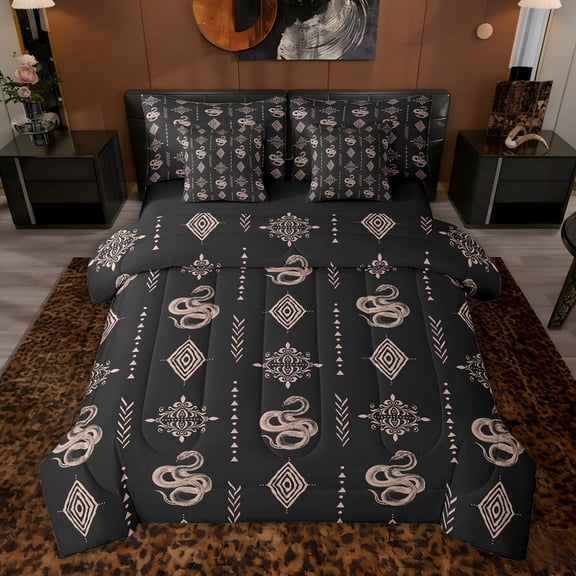 Feelyou Damask Aztec Bedding Comforter Set 7pcs, Black Gold Boho Snake Queen Bedding Sets