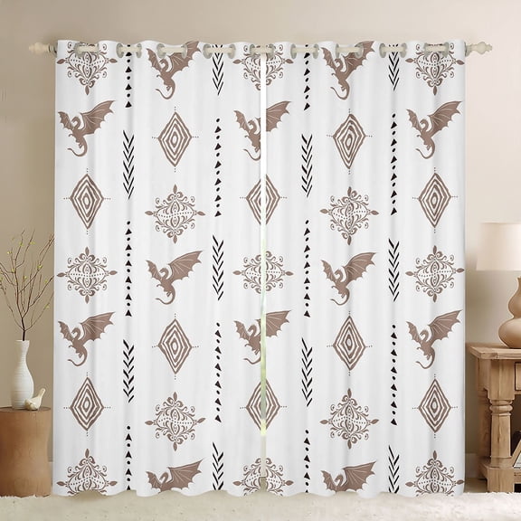 Feelyou Damask Aztec Curtains Pack of 2 (52x84 Each), White Gold Dragon Window Curtains