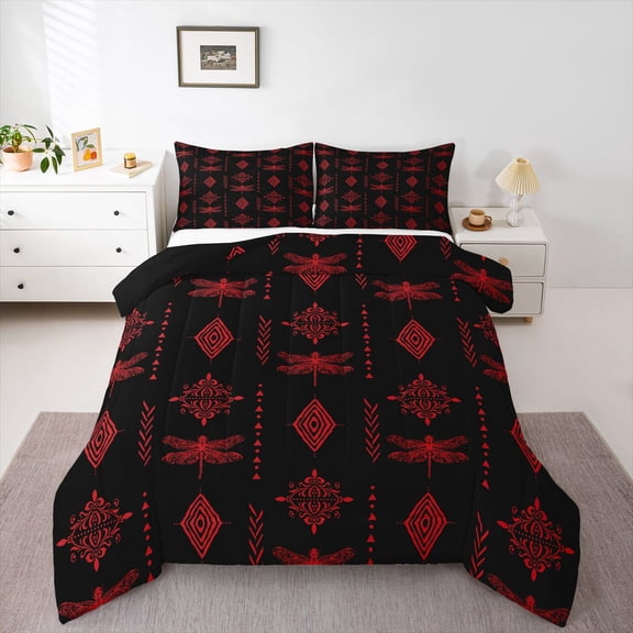 Feelyou Damask Aztec Queen Comforter Set, Black Red Dragonfly Bedding Comforter Set, 3pcs