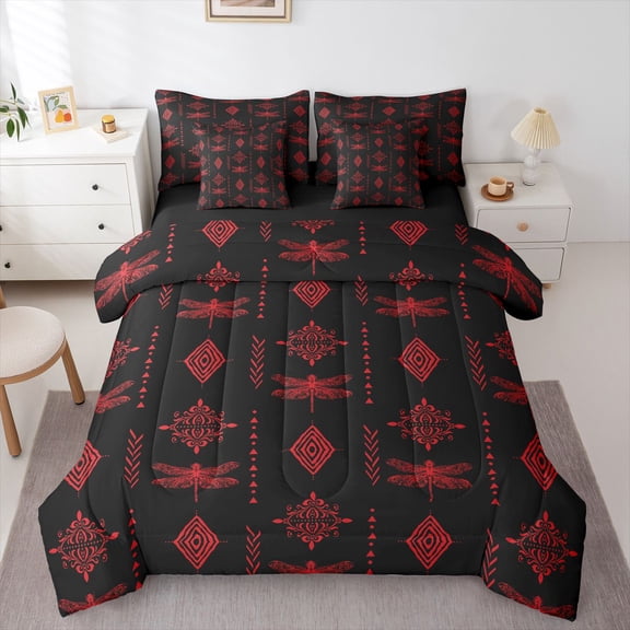 Feelyou Damask Aztec Twin Bedding Sets 7pcs, Black Red Dragonfly Bedding Comforter Set