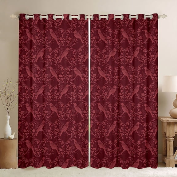 Feelyou Damask Black Out Curtains, Maroon Crow Animal Curtains Pack of 2 (42x63 Each)