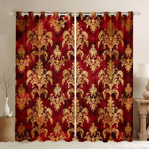 Feelyou Damask Black Out Curtains, Red Gold Mandala Flower Curtains Pack of 2 (42x63 Each)