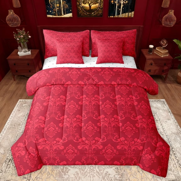 Feelyou Damask Floral Red Bedding Comforter Set 7pcs, Hippie Tribal Abstract King Bedding Sets, Western Modern Fashion Reversible Bed Sheets, Breathable Home Decor
