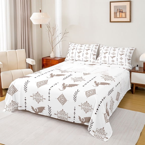 Feelyou Damask Flower Aztec Bed Sheets, White Gold Western Dragon King Sheets, 4pcs