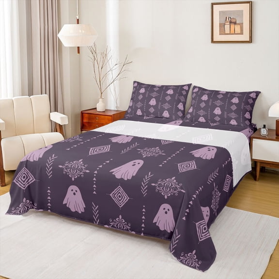 Feelyou Damask Flower Aztec Full Size Sheets, Tribal Spooky Ghost Bed Sheets, 4 Pieces