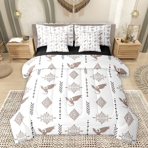 Feelyou Damask Flower Aztec Twin Bedding Sets 7pcs, White Gold Dragon Comforter Set