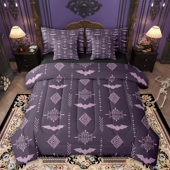 Feelyou Damask Flower Comforter Set 7pcs, Retro Aztec Bat Animal Queen Bedding Sets