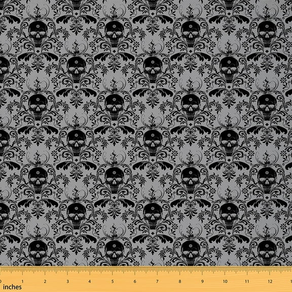 Feelyou Damask Flower Fabric by the Yard 1 Yard, Black Grey Room Decor Fabric by the Yard, Hippie Gothic Halloween Fabric for Sewing, Lightweight Room Decor
