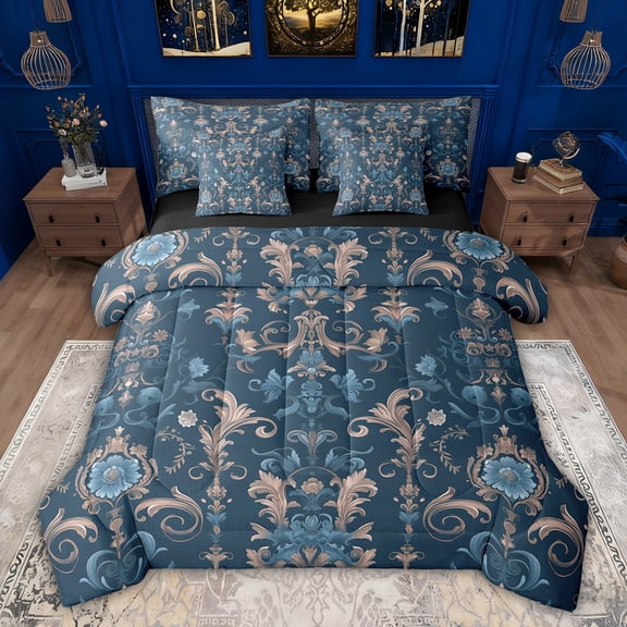 Feelyou Damask Flower Floral Bedding Comforter Set 7pcs, Blue Bohemian Paisley King Bedding Sets, Mid Century Fashion Reversible Bed Sheets, Lightweight Room Decor