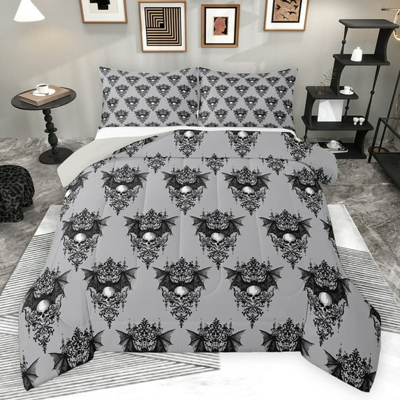 Feelyou Damask Flower Print Full Size Comforter Sets, Bohemian Bat Skull Bedding Comforter Set, Mid Century Fashion Reversible Bedding Sets, Super Cozy Room Decor, 3pcs