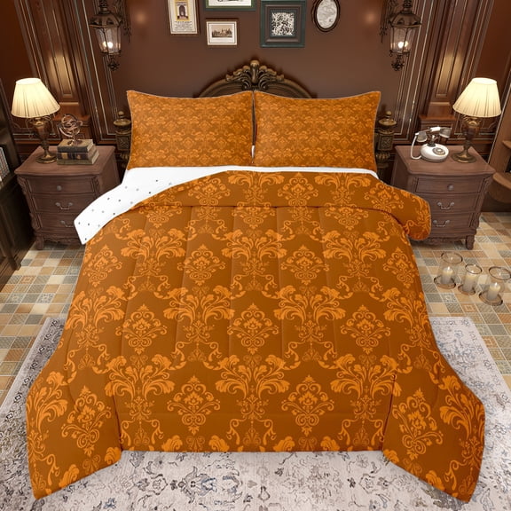 Feelyou Damask Flower Print Queen Comforter Set, Mid Century Fashion Bedding Sets, Bohemian Farmhouse Orange Reversible Bedding Comforter Set, Lightweight Room Decor, 3 Pieces