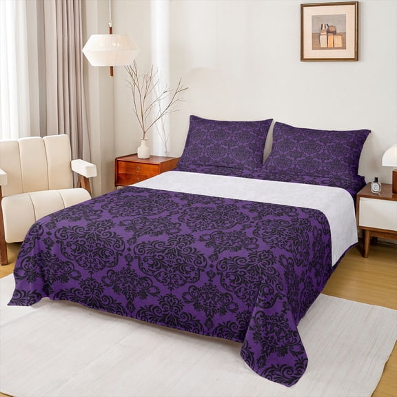Feelyou Damask Flower Print Twin Sheet Sets, Mid Century Fashion Twin Fitted Sheet, Bohemian Purple Abstract Flat Sheet, Breathable Home Decor, 3-Piece