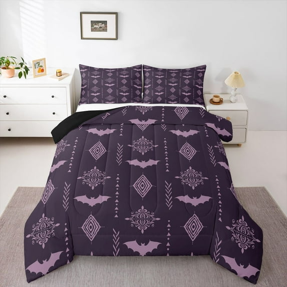 Feelyou Damask Flower Queen Comforter Set, Retro Aztec Bat Animal Bedding Set, 3pcs