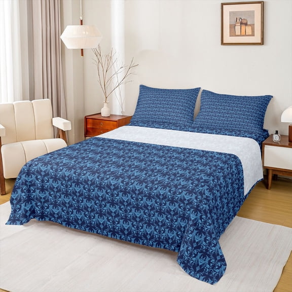 Feelyou Damask Flower Women Twin Sheet Sets, Blue Boho Gothic Bat Bedding, 3-Piece