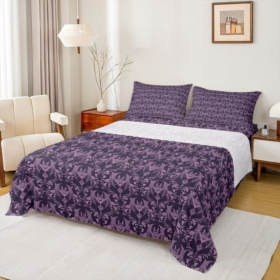 Feelyou Damask Flower Women Twin Sheet Sets, Purple Gothic Bat Bedding, 3pcs