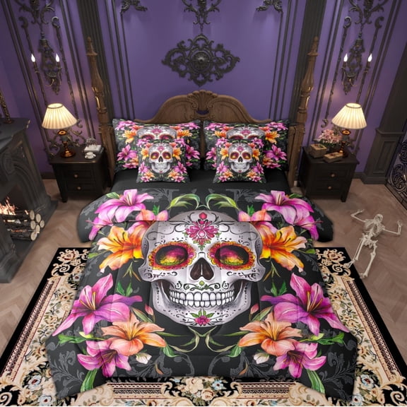 Feelyou Damask Skeleton Bedding Comforter Set 7pcs, Pink Flower Floral King Bedding Sets, Happy Halloween Reversible Bed Sheets, Luxury Bedroom Decor