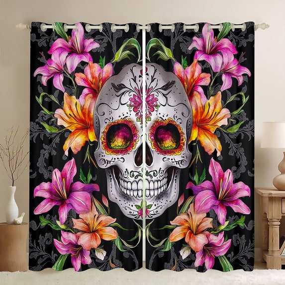Feelyou Damask Skeleton Curtains Pack of 2 (42x84 Each), Pink Flower Floral Curtains Blackout, Happy Halloween Bedroom Curtains, Luxury Bedroom Decor