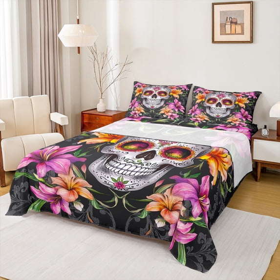 Feelyou Damask Skeleton Twin Sheet Sets, Pink Flower Floral Twin Fitted Sheet, Happy Halloween Flat Sheet, Luxury Bedroom Decor,3 Pieces