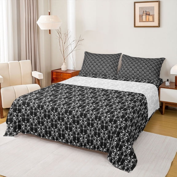 Feelyou Damask Teen Bed Sheets, Black Hippie Dragonfly King Sheets, 4pcs