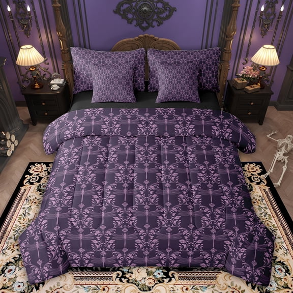 Feelyou Damask Twin Bedding Sets 7-Piece, Purple Hippie Dragonfly Bedding Comforter Set